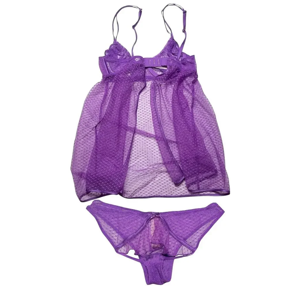 Victoria's Secret Peekaboo Mesh Open-Cup Babydoll Set Purple Tease Size XS